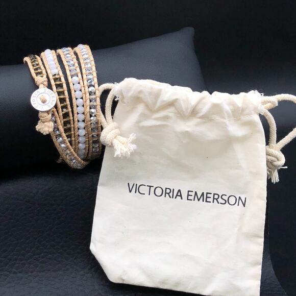 Victoria Emerson Bracelet 34" Beaded Boho Wrap Neutral Tan Crystals w/ Pouch - Picture 2 of 5